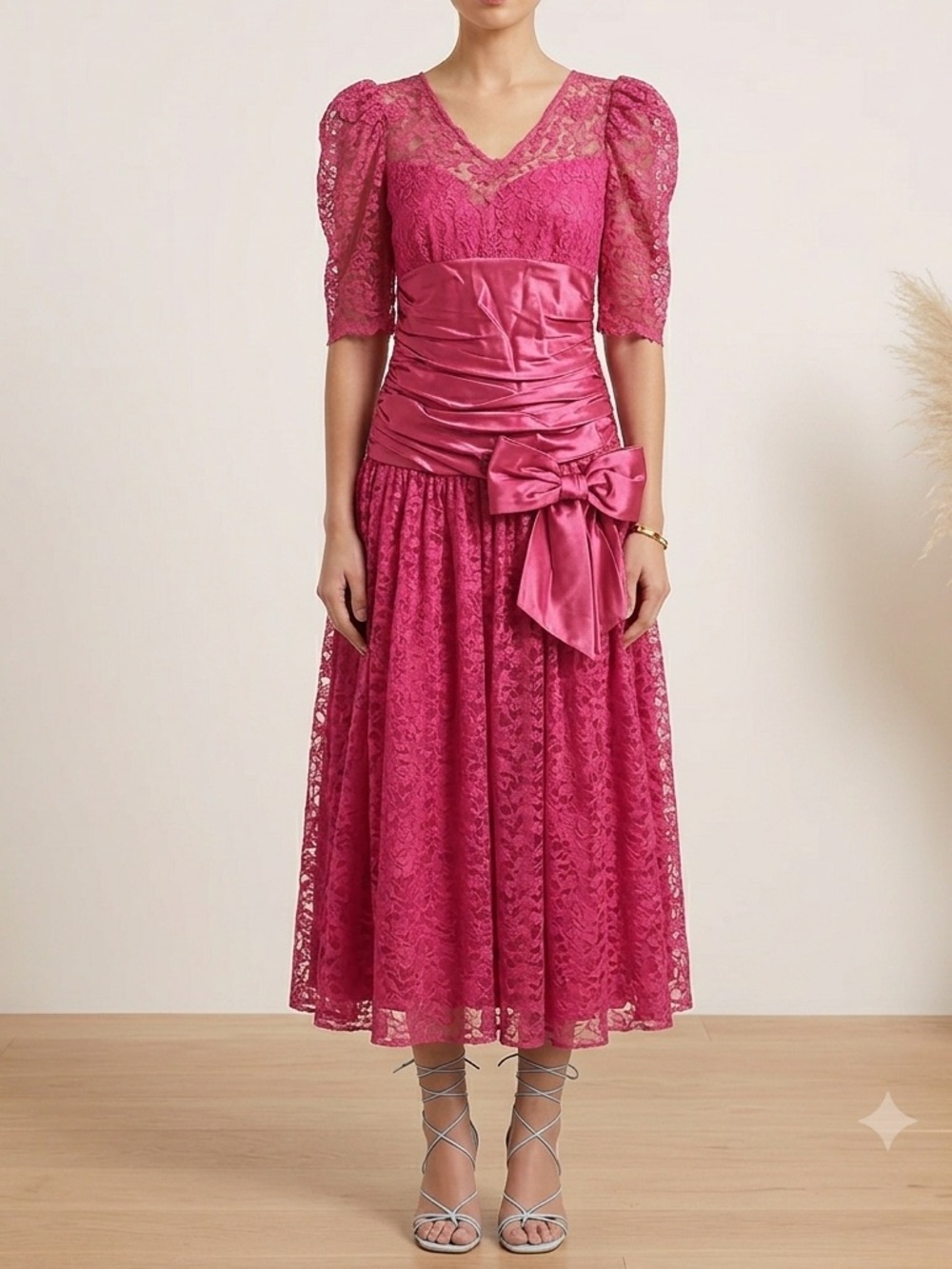 Vintage Elegant Fuchsia Lace Midi Dress with Satin Waist Bow